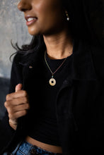 Load image into Gallery viewer, Blossom Necklace | Repurposed Auto Brass Washer | Aqua Bead | Gold Plated Chain