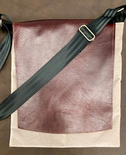Load image into Gallery viewer, crossbody beige tan velvet mahogany brown leather flap seatbelt strap