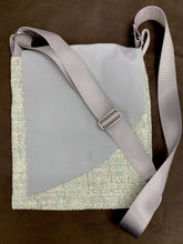 Load image into Gallery viewer, Waypoint | One of a Kind Upcycled Leather & Fabric Crossbody Purse | Light Ice Blue Tweed & Fog Gray