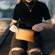 Load image into Gallery viewer, Momentary Wristlet | Zippered Clutch with Handle | Made with Repurposed Automotive Leather