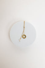 Load image into Gallery viewer, Promise Lariat Necklace | Freshwater Pearl & Repurposed Brass Auto Parts | Gold Plated Chain