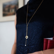 Load image into Gallery viewer, Promise Lariat Necklace | Freshwater Pearl & Repurposed Brass Auto Parts | Gold Plated Chain