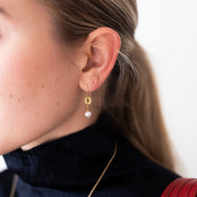 Load image into Gallery viewer, Promise Drop Earrings | Freshwater Pearl & Repurposed Brass Auto Parts | Gold Plated Ear Wire