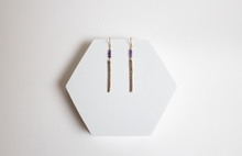 Load image into Gallery viewer, Respect Earrings | Repurposed Auto Copper Brake Line | Amethyst Gemstone | Gold Plated Ear Wire