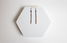 Load image into Gallery viewer, Respect Earrings | Repurposed Auto Copper Brake Line | Amethyst Gemstone | Gold Plated Ear Wire