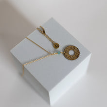 Load image into Gallery viewer, Blossom Necklace | Repurposed Auto Brass Washer | Aqua Bead | Gold Plated Chain