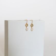 Load image into Gallery viewer, Promise Drop Earrings | Freshwater Pearl & Repurposed Brass Auto Parts | Gold Plated Ear Wire