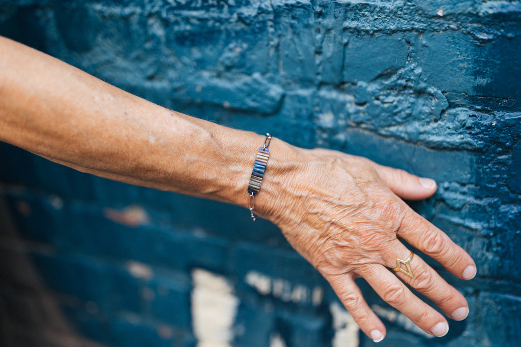 Ripple Effect Adjustable Bracelet | Fire Patina Steel Focal Point with Stainless Steel Paperclip Chain