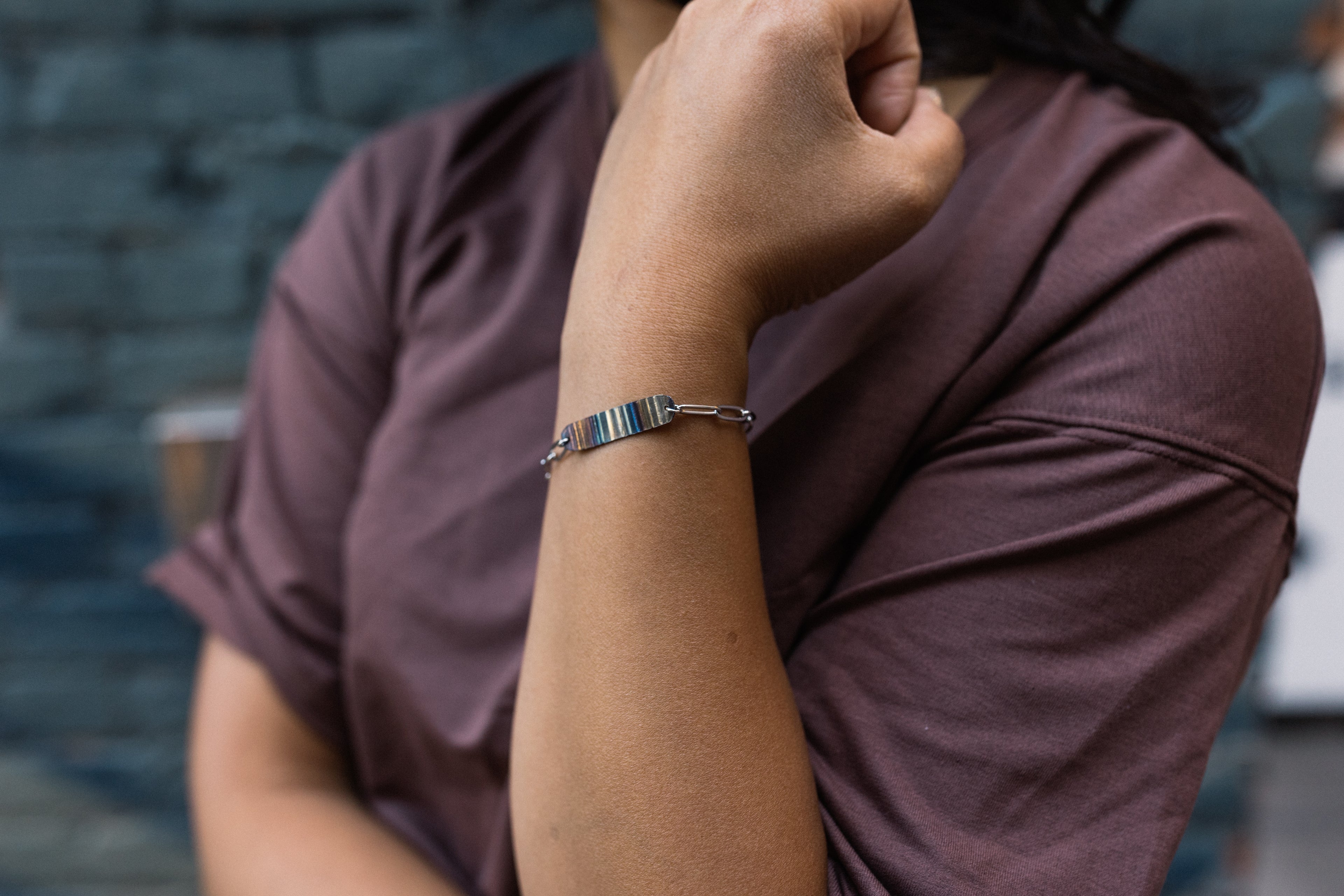 Ripple Effect Adjustable Bracelet | Fire Patina Steel Focal Point with Stainless Steel Paperclip Chain