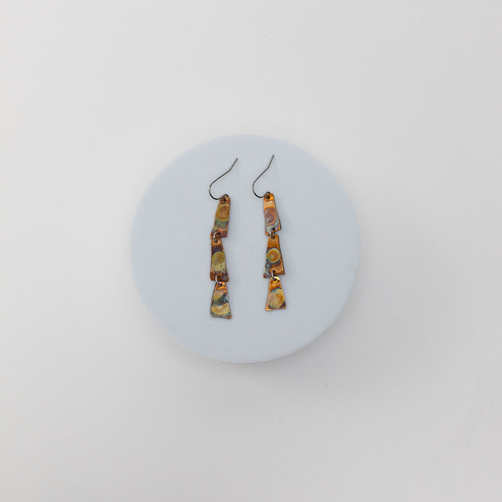 Copper Harbor Long Earrings | Repurposed Auto Copper Shims | Fire Patina | Stainless Steel Ear Wire