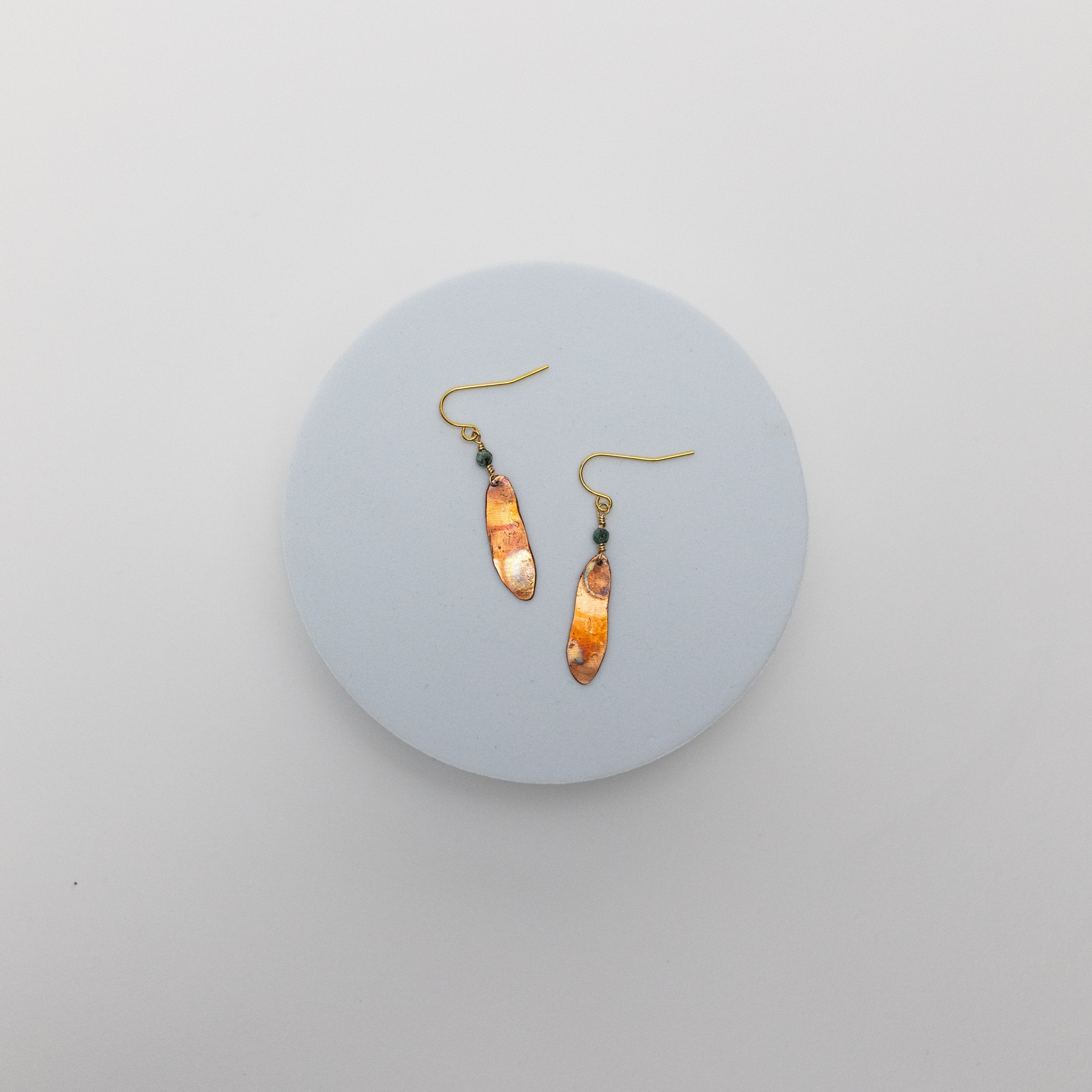 Take Flight Earrings | Repurposed Auto Shims | Jasper Bead with Copper Fire Patina | Gold Plated Ear Wire