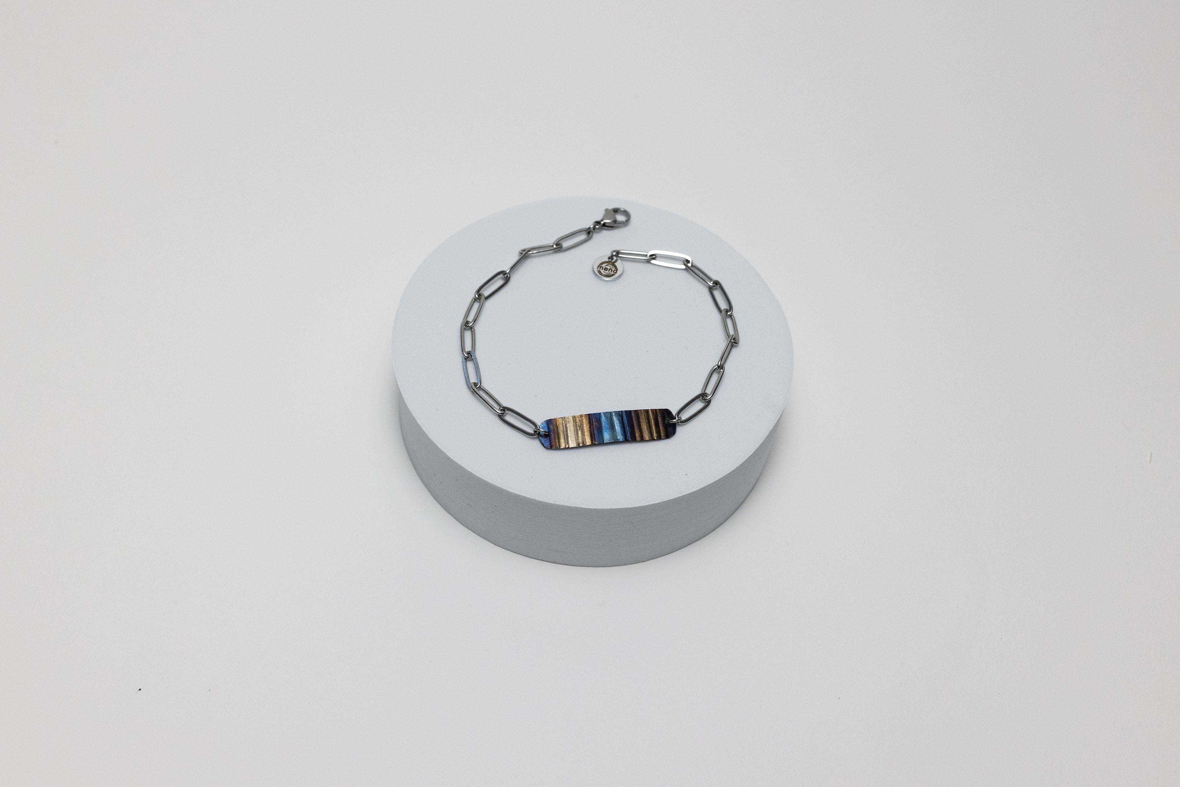 Ripple Effect Adjustable Bracelet | Fire Patina Steel Focal Point with Stainless Steel Paperclip Chain