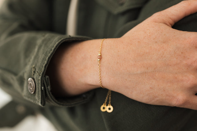 Insight Bracelet | Pink Tourmaline Adjustable Gold Plated Chain Bracelet with Repurposed Auto Brass Washer