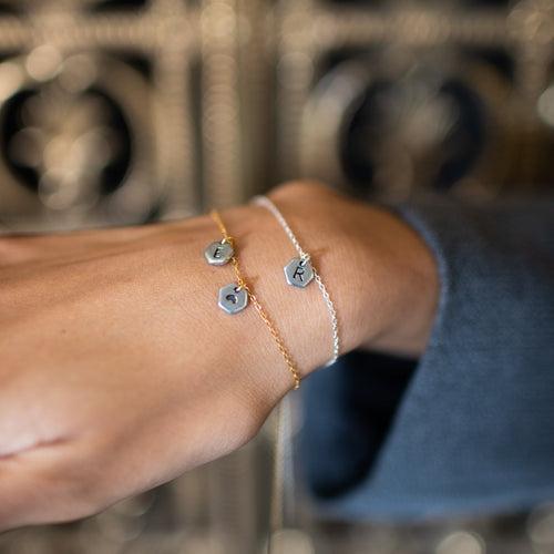 Known Adjustable Bracelet | Personalized Initials on Salvaged Steel Auto Part | Sterling Silver Minimalist Chain