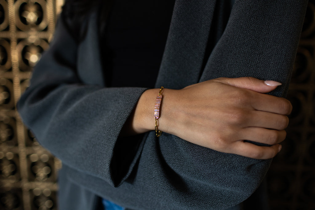 Refined Through Fire Bracelet | Fire Patina Repurposed Automotive Copper Brake Line | 18K Gold Plated Chain