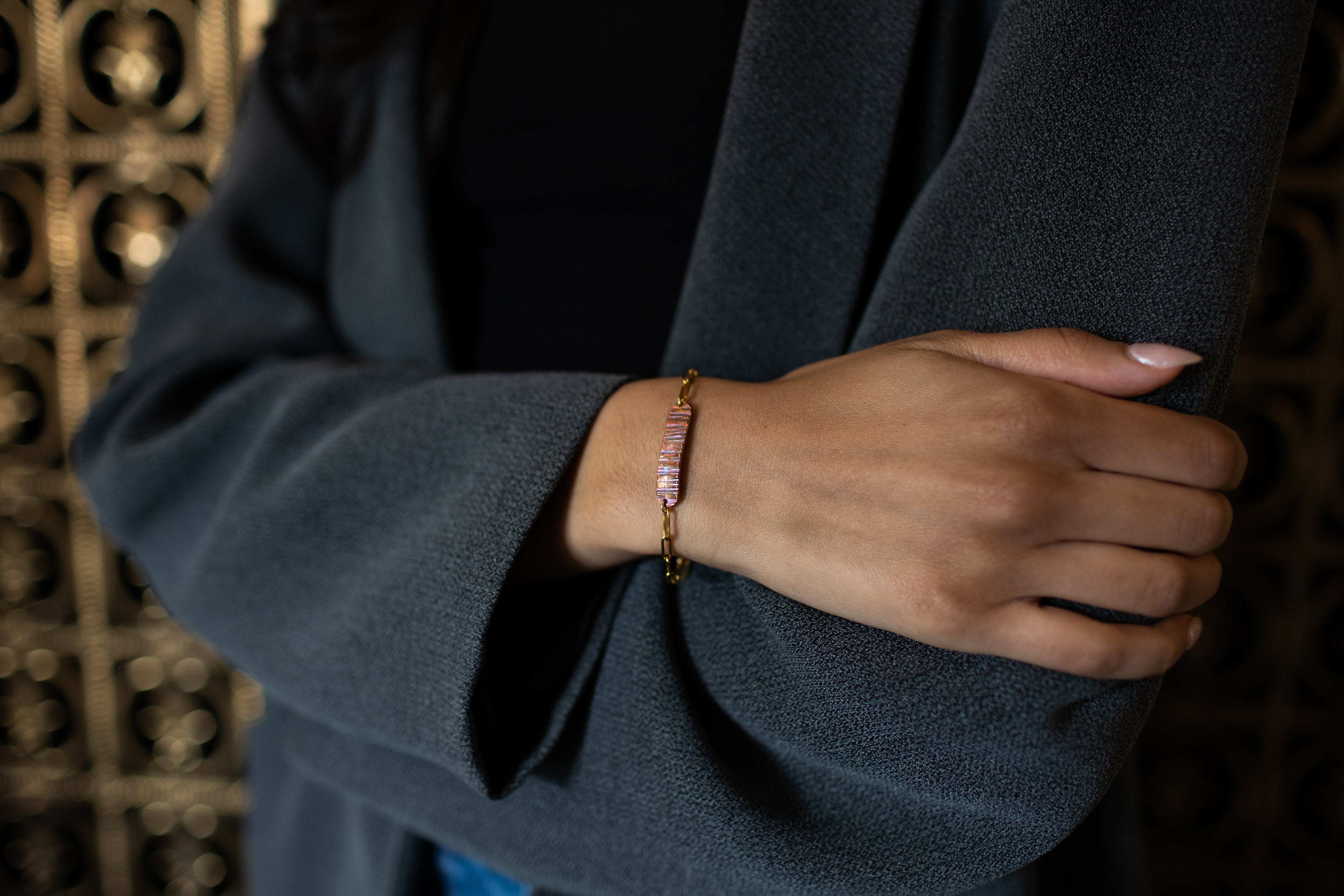 Refined Through Fire Bracelet | Fire Patina Repurposed Automotive Copper Brake Line | 18K Gold Plated Chain