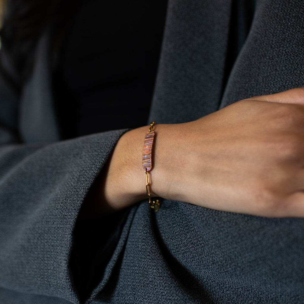 Refined Through Fire Bracelet | Fire Patina Repurposed Automotive Copper Brake Line | 18K Gold Plated Chain