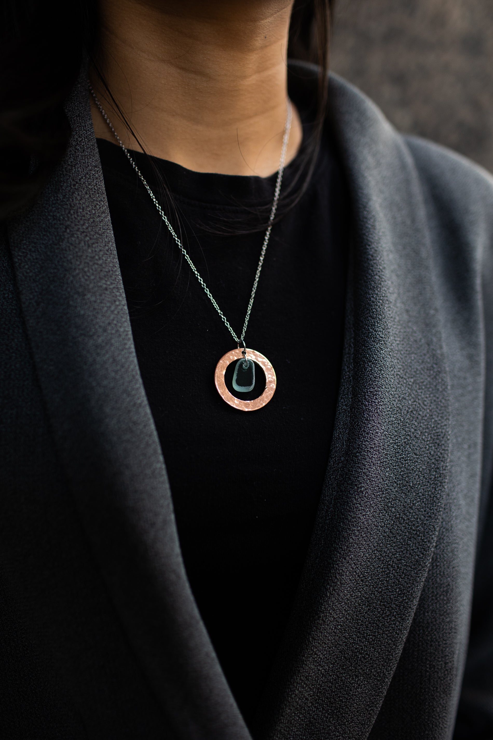 Restored Necklace | Repurposed Automotive Copper Washer & Windshield Glass | Stainless Steel Chain