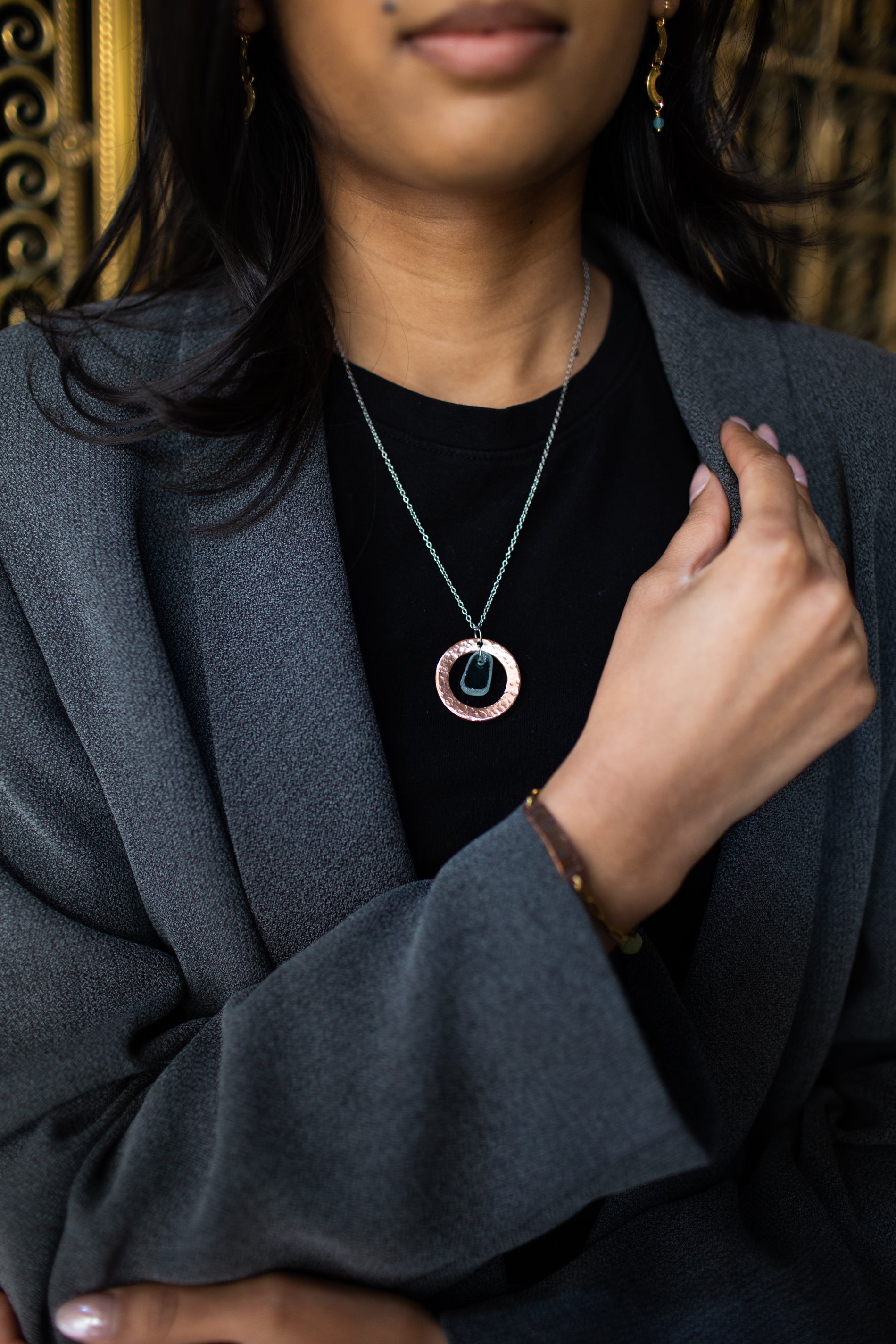 Restored Necklace | Repurposed Automotive Copper Washer & Windshield Glass | Stainless Steel Chain