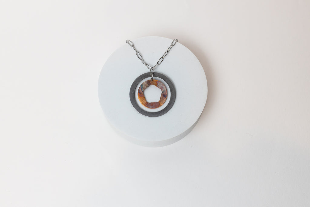 Labyrinth Adjustable Necklace | Repurposed Automotive Shims in Copper & Steel | Stainless Steel Chain