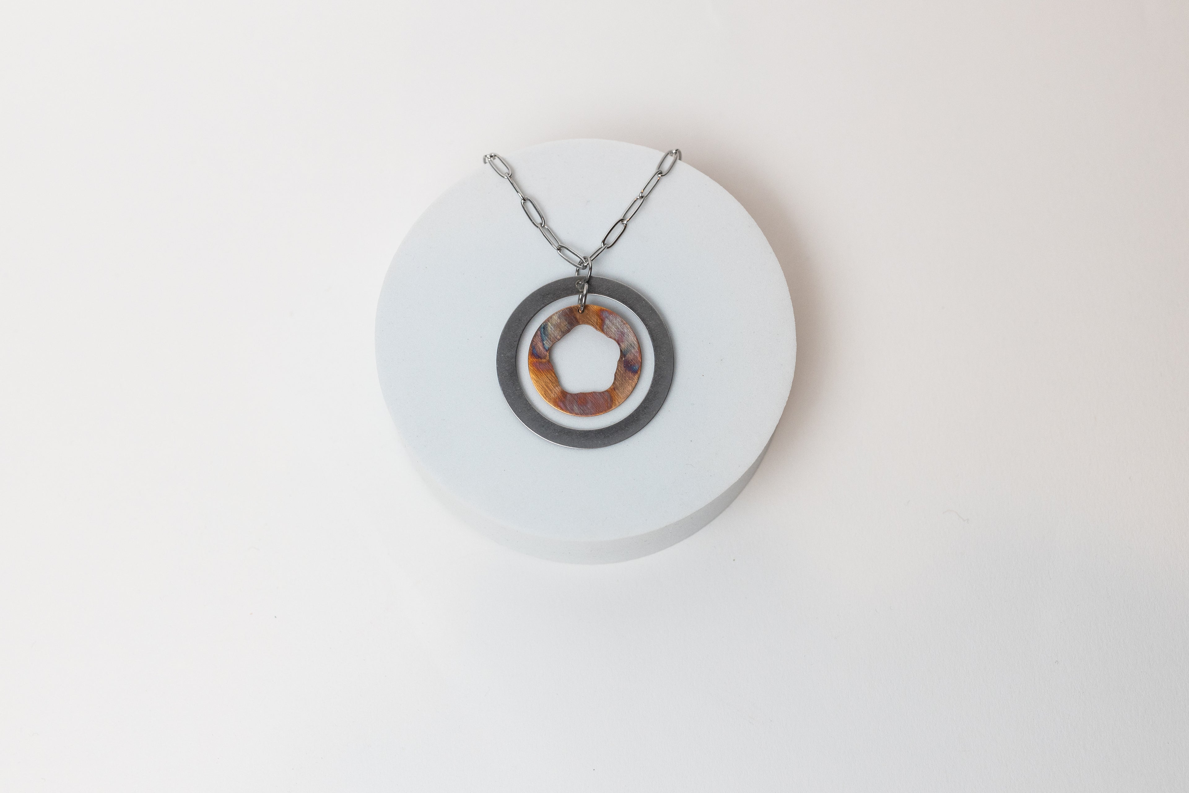 Labyrinth Adjustable Necklace | Repurposed Automotive Shims in Copper & Steel | Stainless Steel Chain