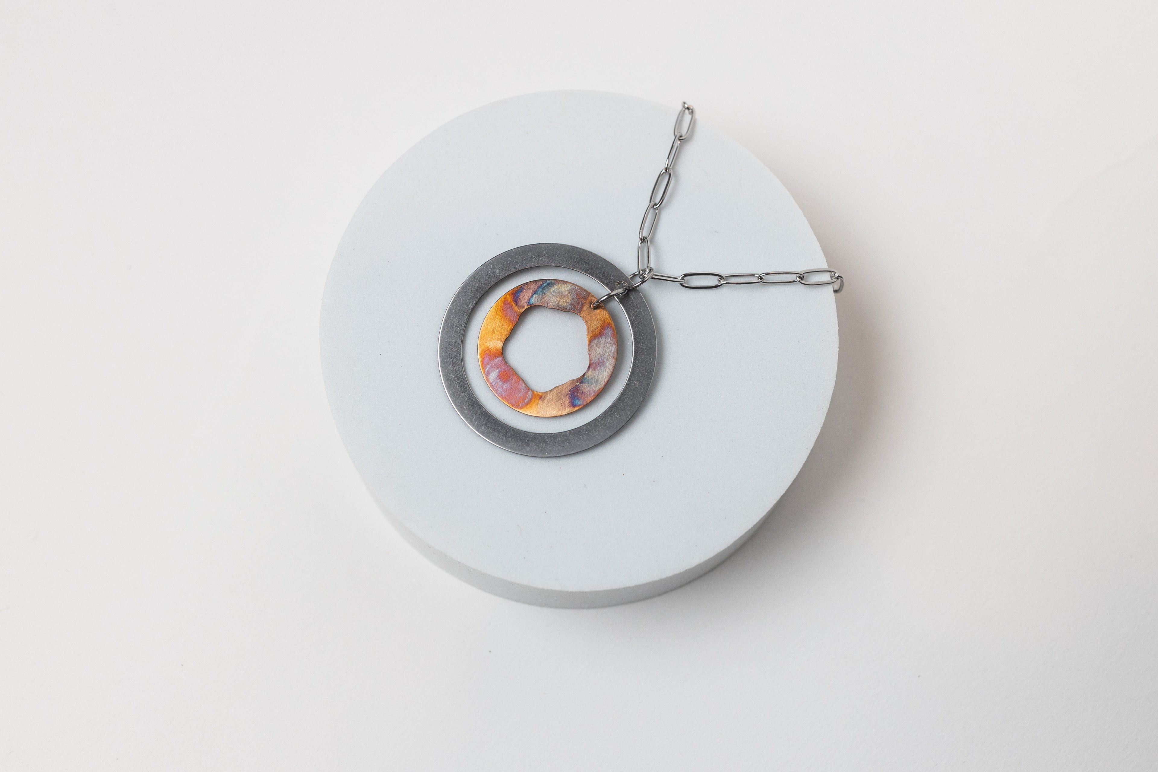 Labyrinth Adjustable Necklace | Repurposed Automotive Shims in Copper & Steel | Stainless Steel Chain