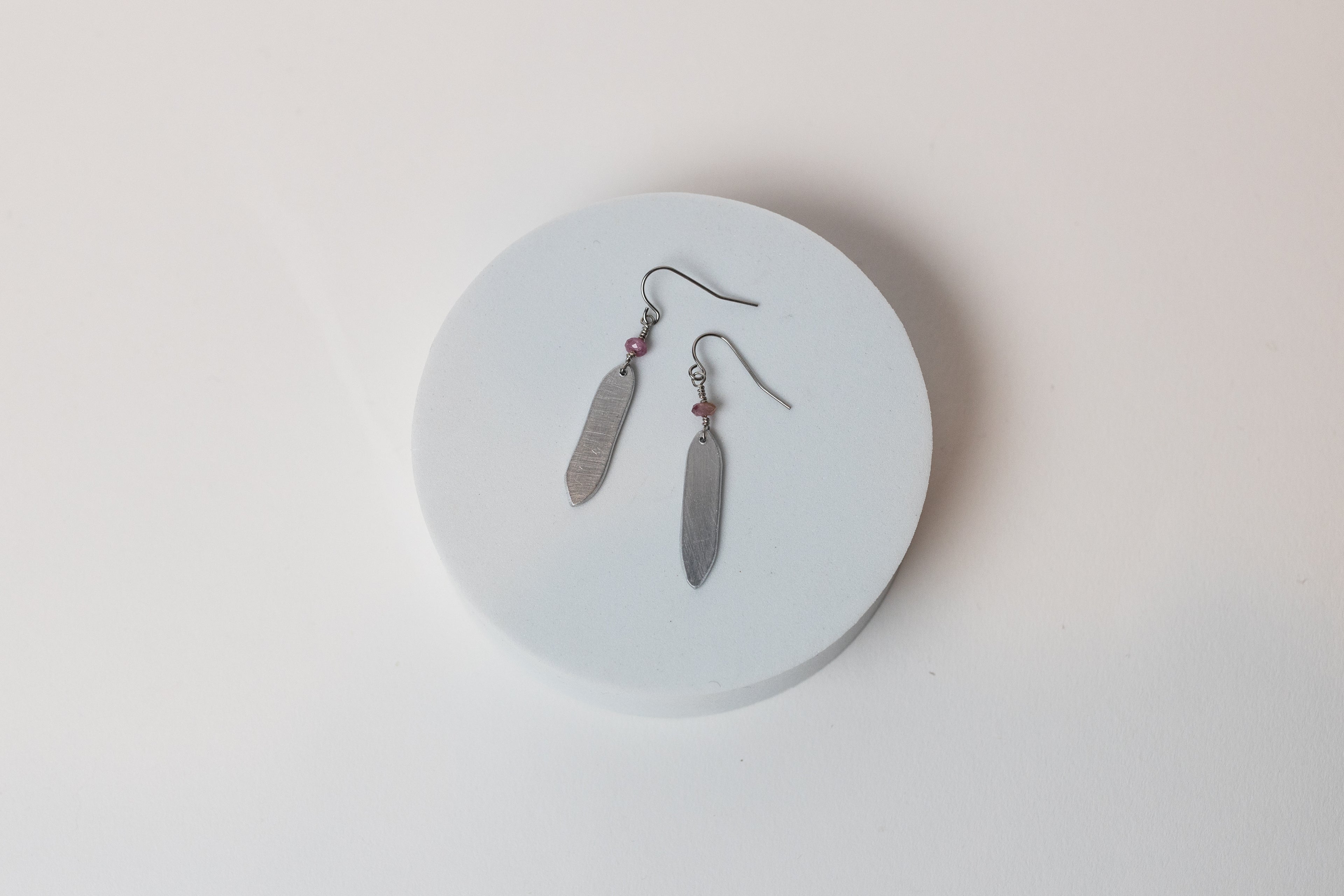 Essence Earrings | Pink Tourmaline with Repurposed Automotive Aluminum Scrap | Stainless Steel Ear Wires