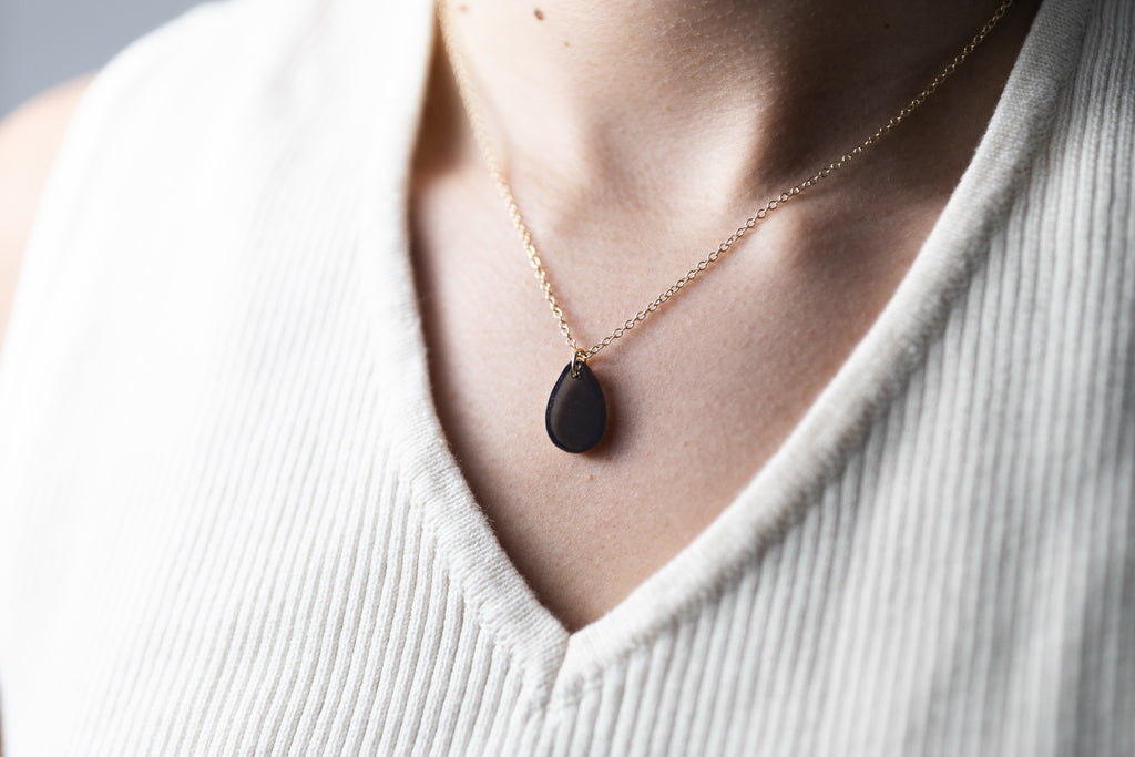 Visions Black Glass Necklace | Repurposed Automotive Windshield Glass | Adjustable Gold Plated Chain