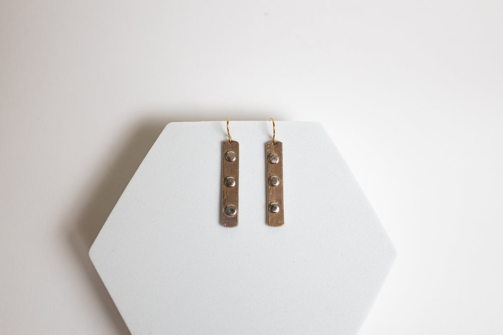 Like A Rock Earrings | Repurposed Auto Copper Brake Line | Steel Rivets | Gold Plated Ear Wire