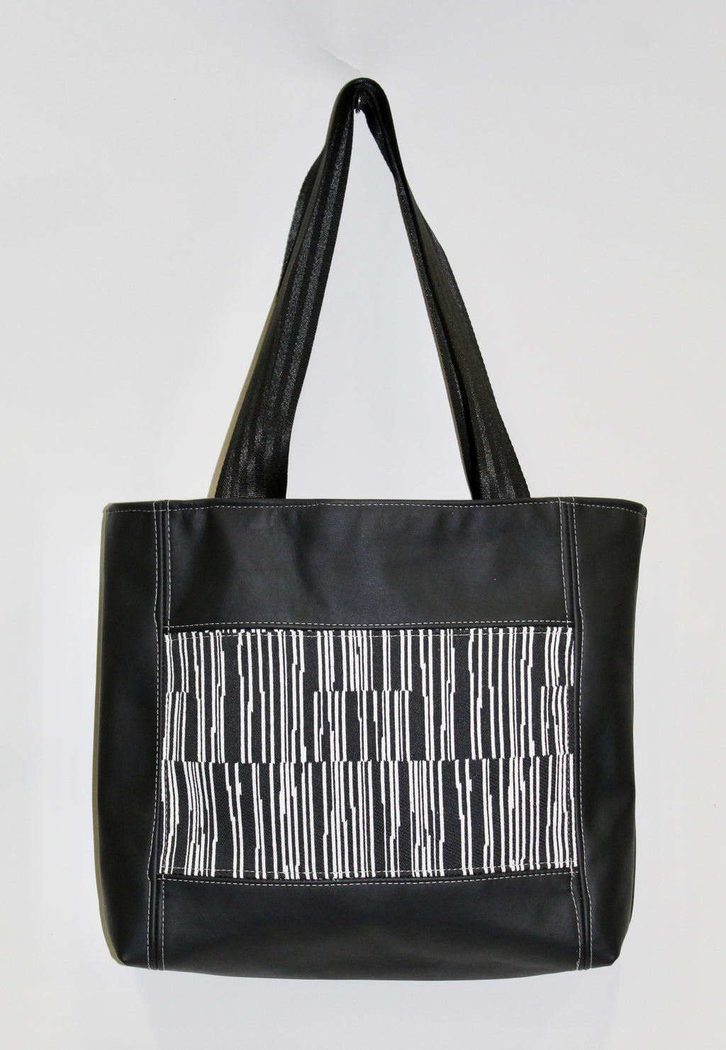 Patchwork Tote | Large Upcycled Auto Leather & Fabric | Black & White Stripe | One of a Kind Purse
