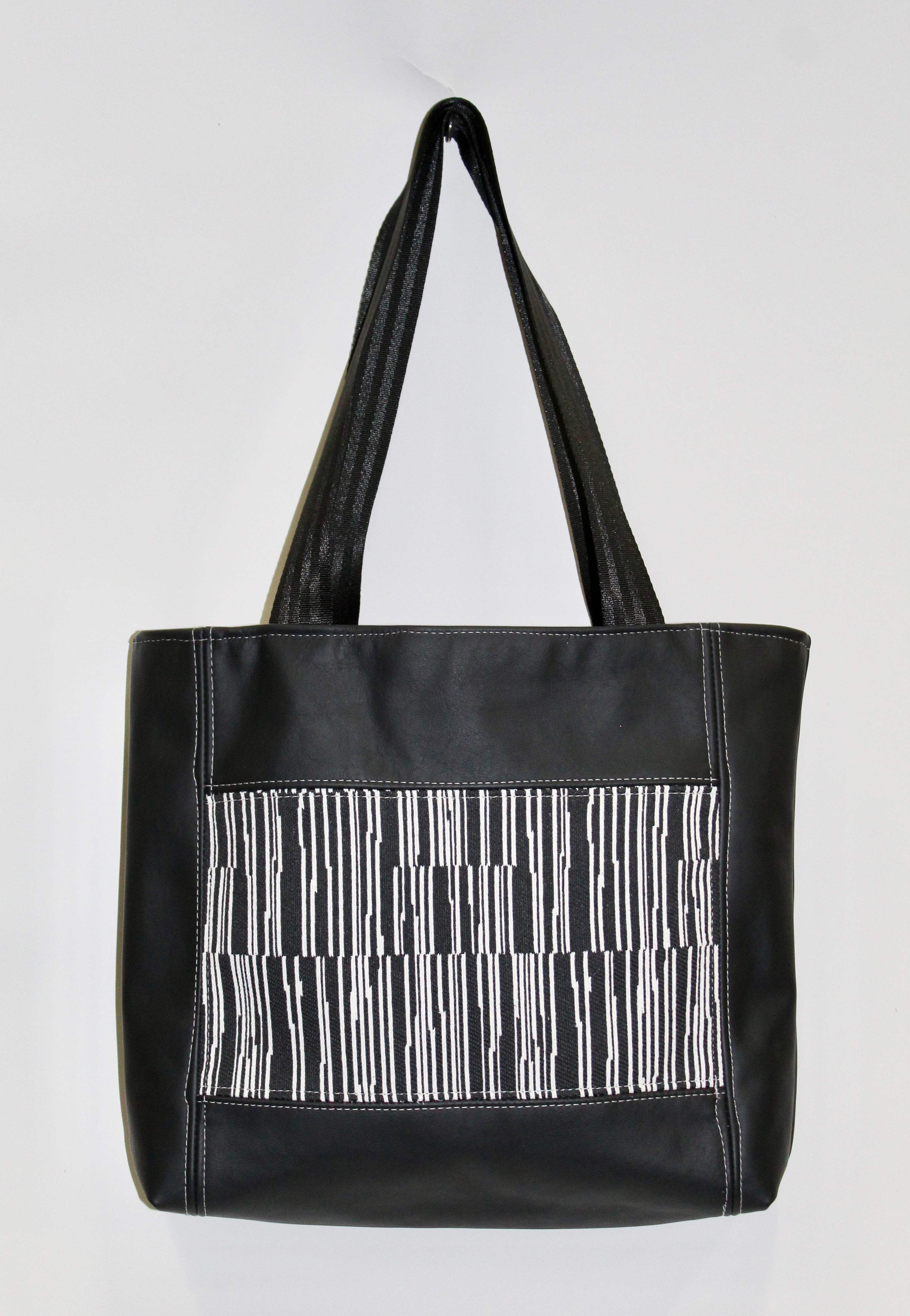 Patchwork Tote | Large Upcycled Auto Leather & Fabric | Black & White Stripe | One of a Kind Purse