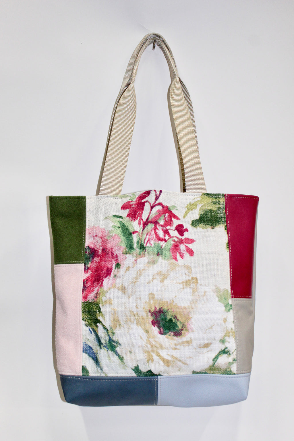 Patchwork Tote | Large Upcycled Auto Leather & Fabric | Cream, Blue, Green, & Pink Floral | One of a Kind Purse