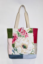 Patchwork Tote | Large Upcycled Auto Leather & Fabric | Cream, Blue, Green, & Pink Floral | One of a Kind Purse