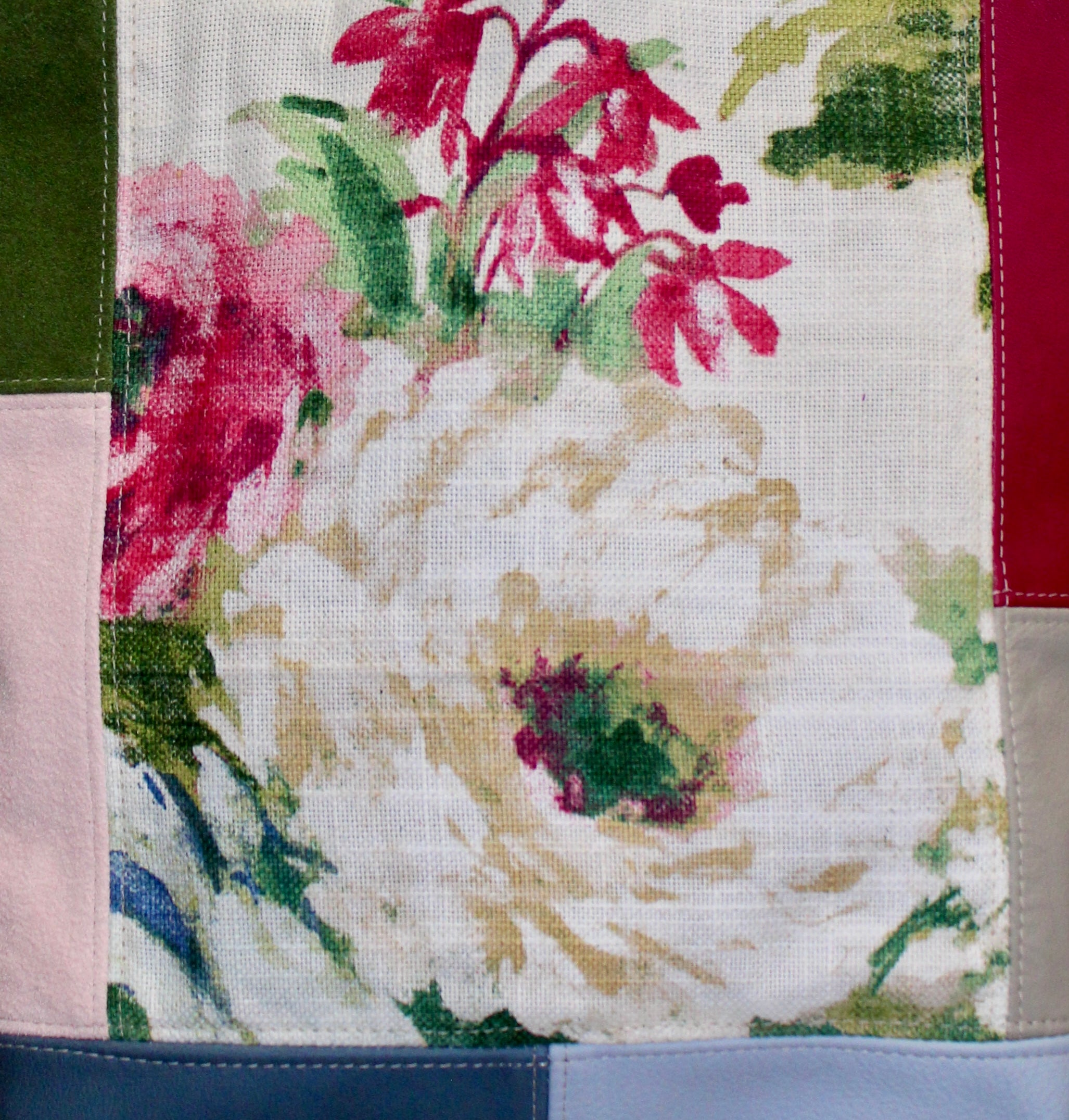 Patchwork Tote | Large Upcycled Auto Leather & Fabric | Cream, Blue, Green, & Pink Floral | One of a Kind Purse