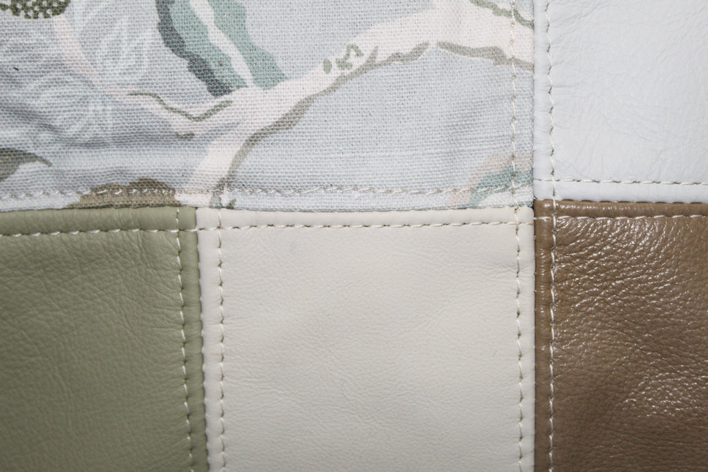 Patchwork Tote | Large Upcycled Auto Leather & Fabric | Soft Brown, Blue, & Green Floral | One of a Kind Purse