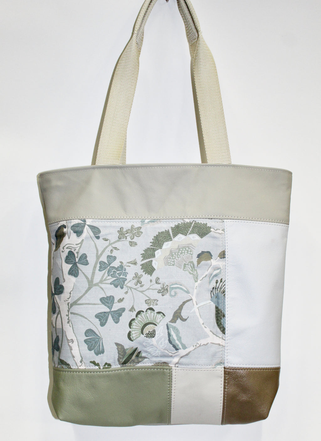 Patchwork Tote | Large Upcycled Auto Leather & Fabric | Soft Brown, Blue, & Green Floral | One of a Kind Purse