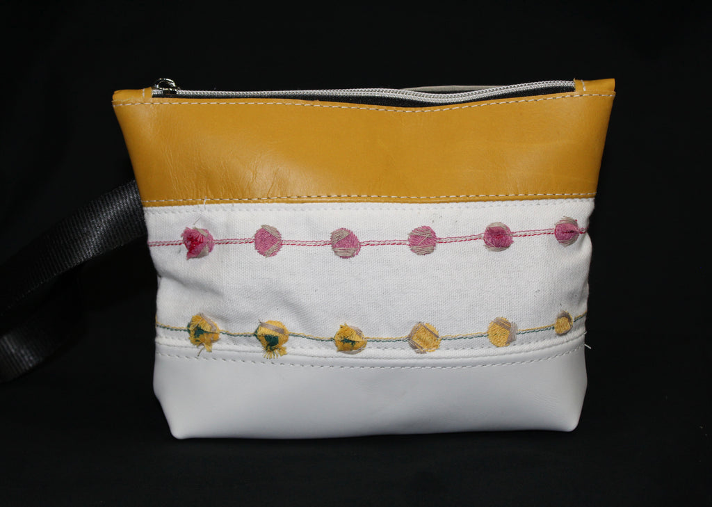 Piece by Piece Wristlet | Upcycled Auto Leather & Fabric | One of a Kind | Mustard Yellow, White, Pink, & Cream