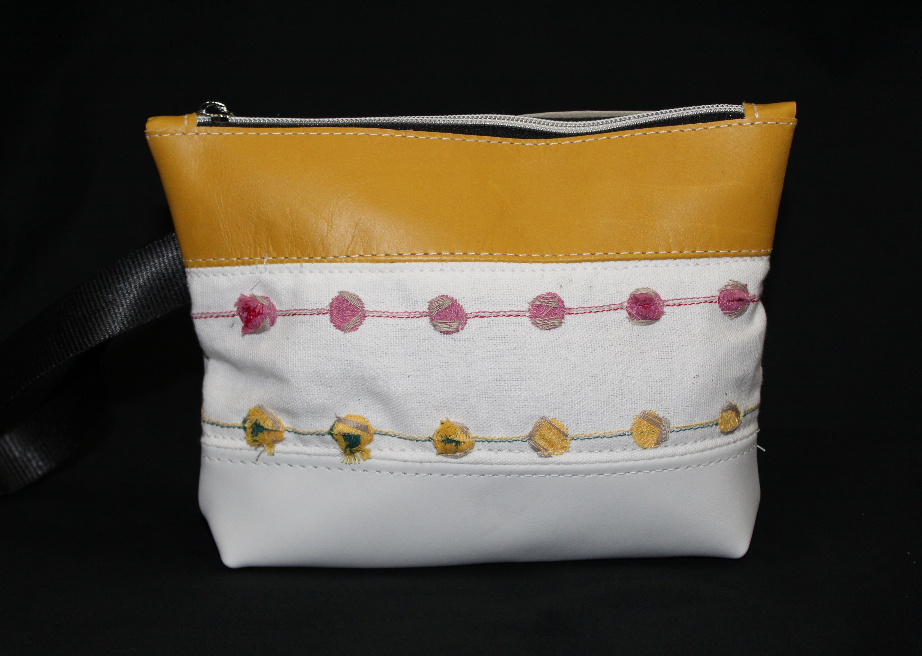 Piece by Piece Wristlet | Upcycled Auto Leather & Fabric | One of a Kind | Mustard Yellow, White, Pink, & Cream