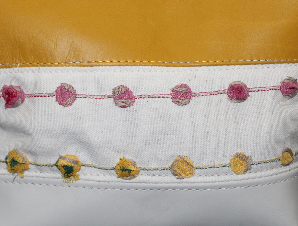 Piece by Piece Wristlet | Upcycled Auto Leather & Fabric | One of a Kind | Mustard Yellow, White, Pink, & Cream