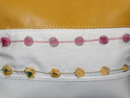 Piece by Piece Wristlet | Upcycled Auto Leather & Fabric | One of a Kind | Mustard Yellow, White, Pink, & Cream