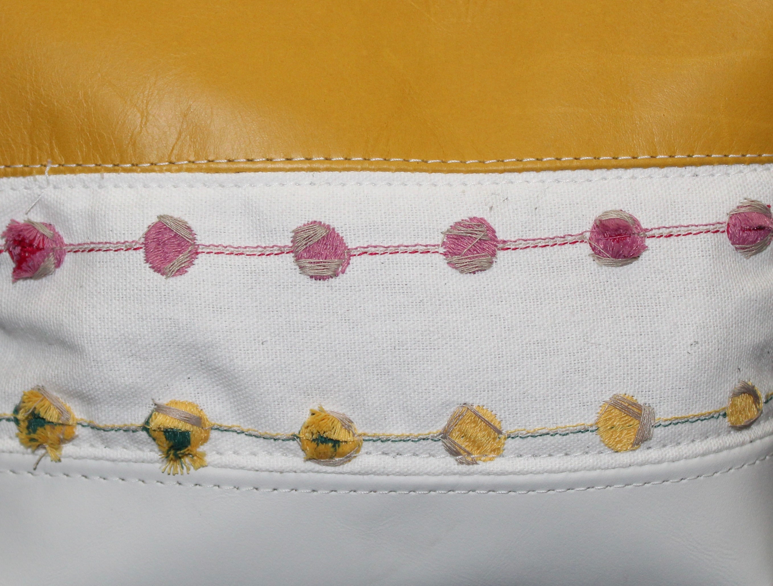 Piece by Piece Wristlet | Upcycled Auto Leather & Fabric | One of a Kind | Mustard Yellow, White, Pink, & Cream