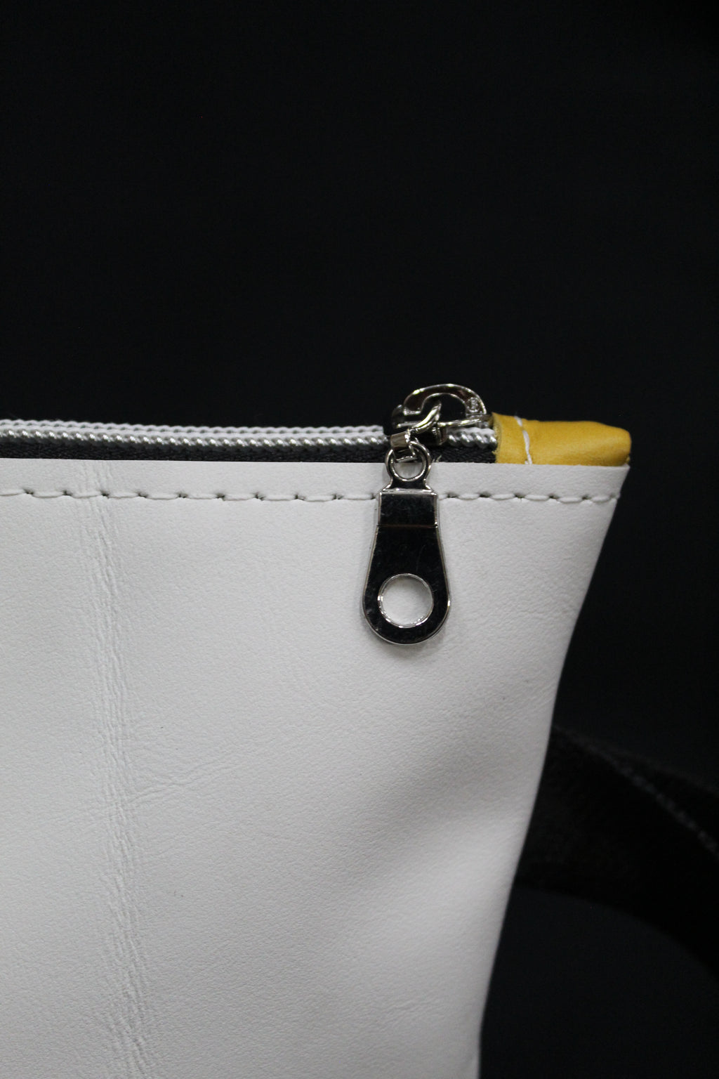 Piece by Piece Wristlet | Upcycled Auto Leather & Fabric | One of a Kind | Mustard Yellow, White, Pink, & Cream