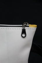 Piece by Piece Wristlet | Upcycled Auto Leather & Fabric | One of a Kind | Mustard Yellow, White, Pink, & Cream