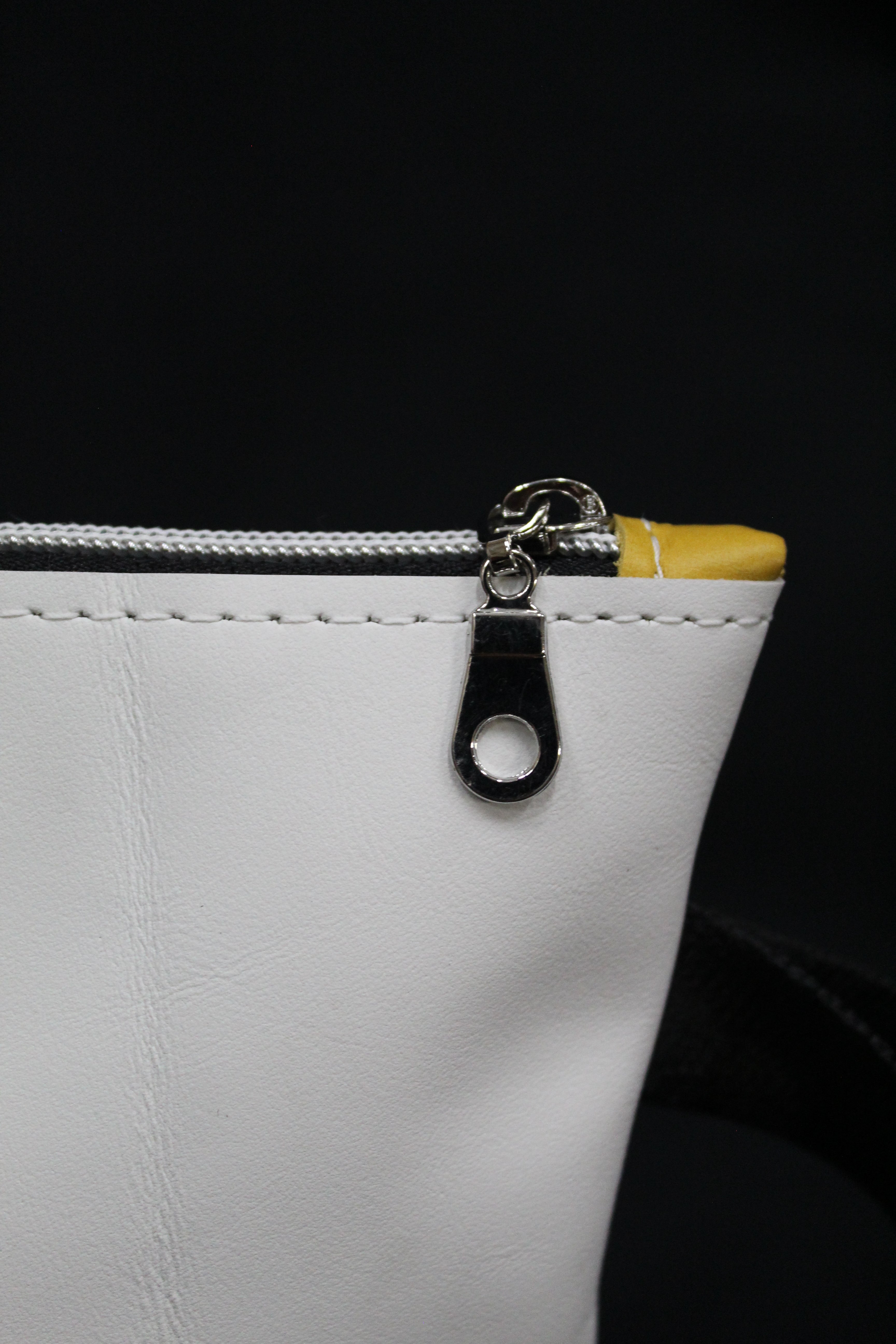 Piece by Piece Wristlet | Upcycled Auto Leather & Fabric | One of a Kind | Mustard Yellow, White, Pink, & Cream