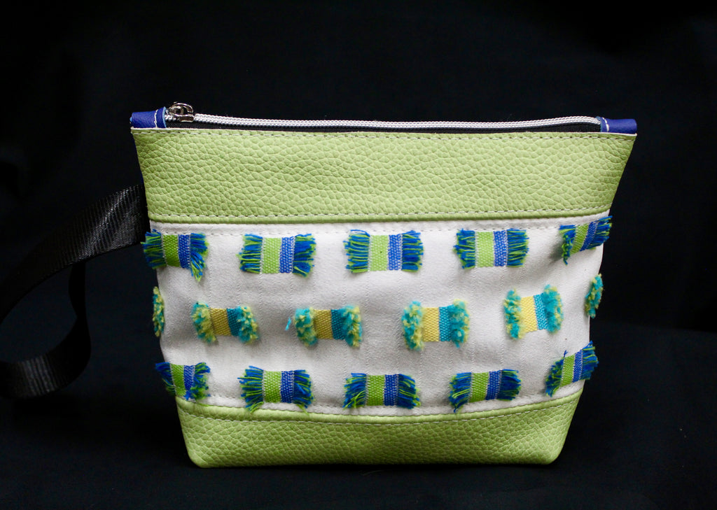 Piece by Piece Wristlet | Upcycled Auto Leather & Fabric | One of a Kind | Green, Blue, Yellow & White
