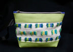 Piece by Piece Wristlet | Upcycled Auto Leather & Fabric | One of a Kind | Green, Blue, Yellow & White