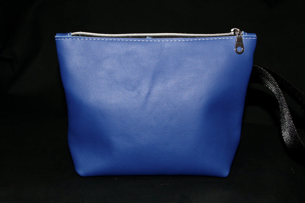 Piece by Piece Wristlet | Upcycled Auto Leather & Fabric | One of a Kind | Green, Blue, Yellow & White