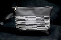 Piece by Piece Wristlet | Upcycled Auto Leather & Fabric | One of a Kind | Black & White Stripe