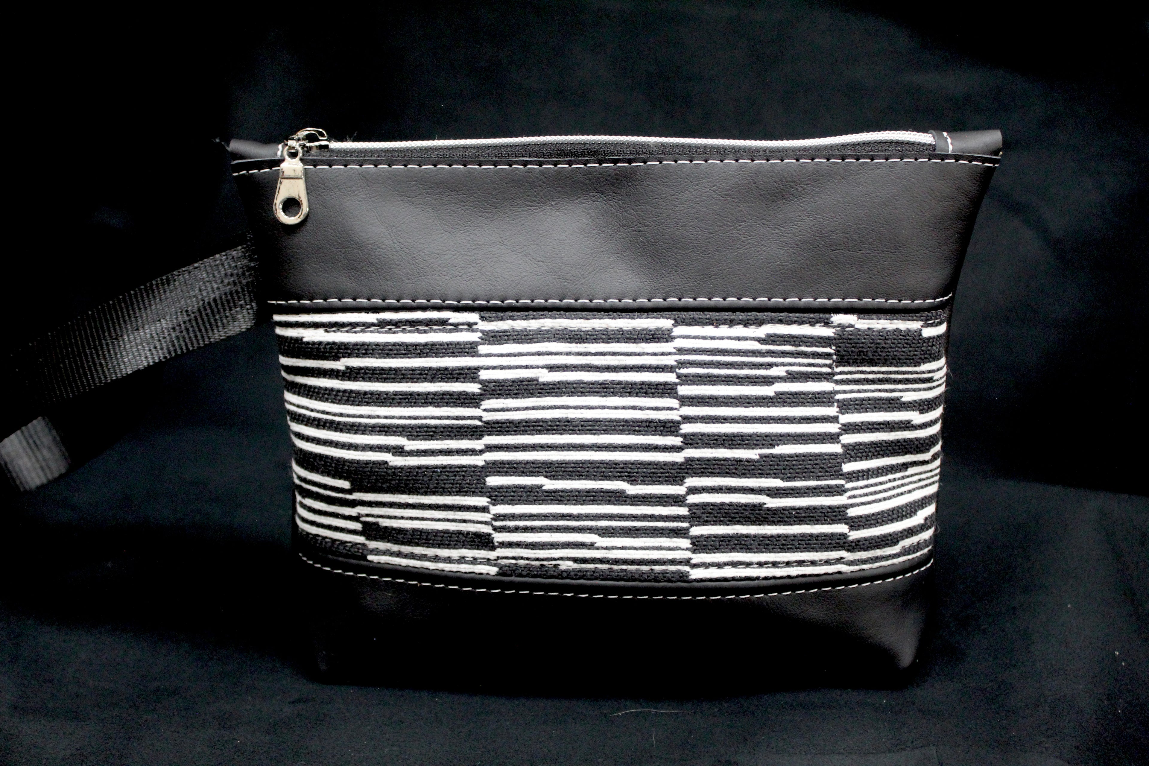 Piece by Piece Wristlet | Upcycled Auto Leather & Fabric | One of a Kind | Black & White Stripe
