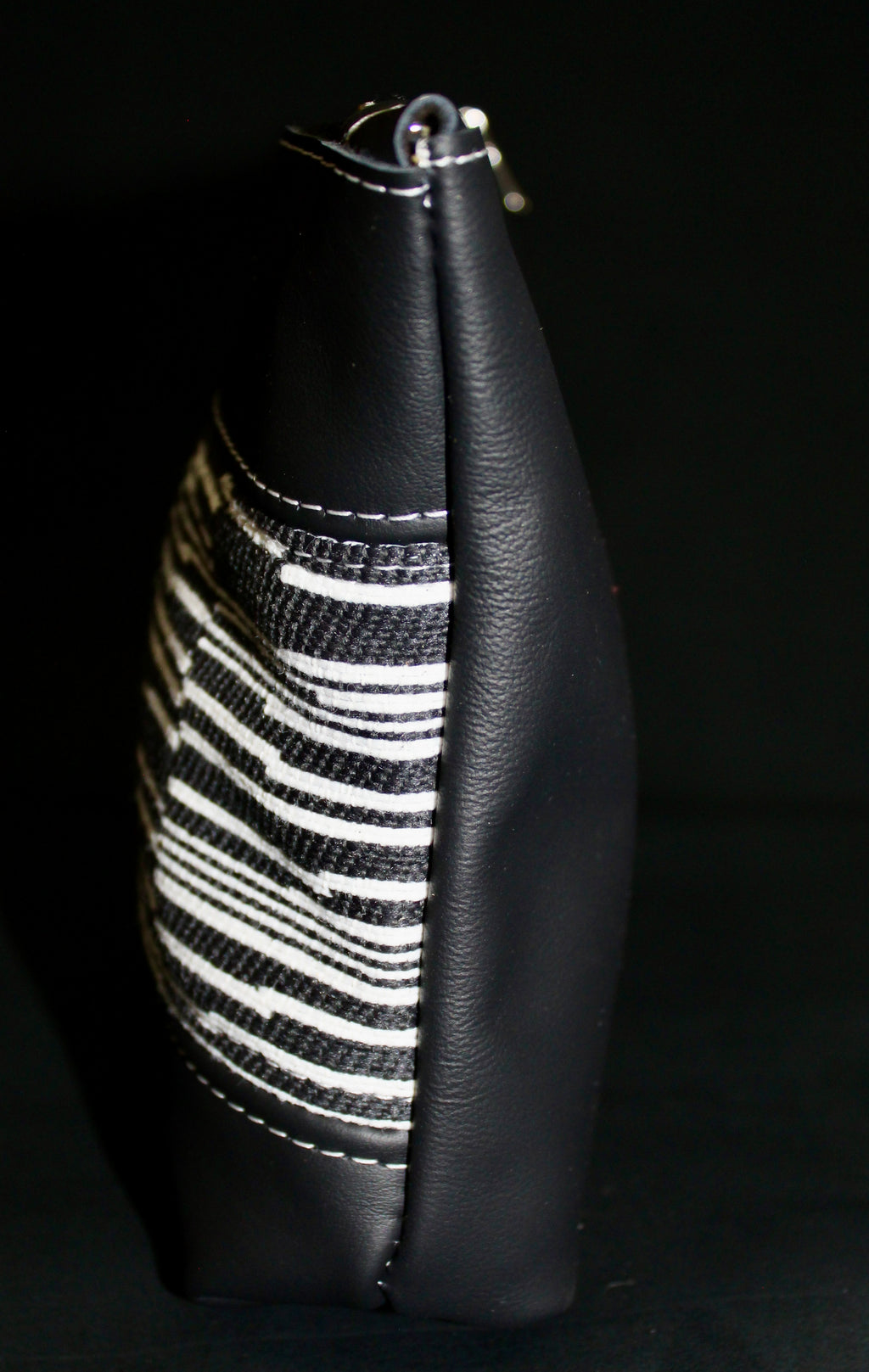 Piece by Piece Wristlet | Upcycled Auto Leather & Fabric | One of a Kind | Black & White Stripe